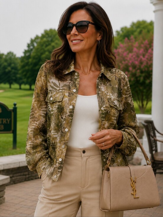 new directions Tops - new directions Olive Green Sheer Tropical Leaf Shirt Jacket
